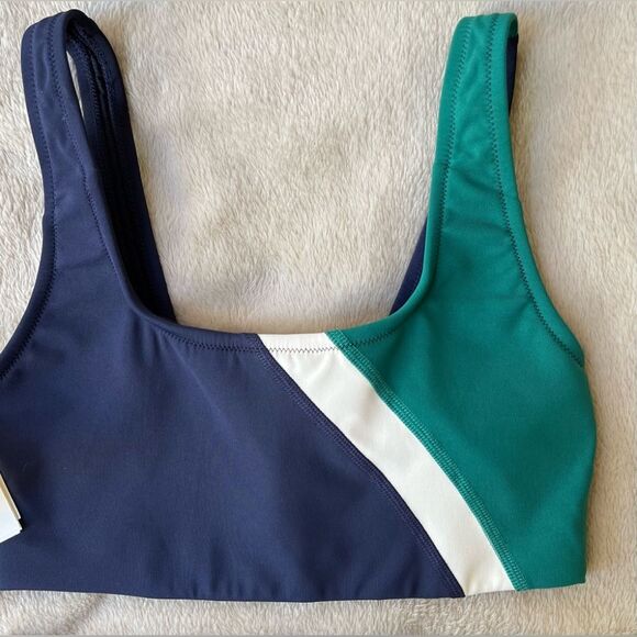 Tory Burch blue/white/green color block sports bra & highrise bike shorts set XS - Picture 3 of 14